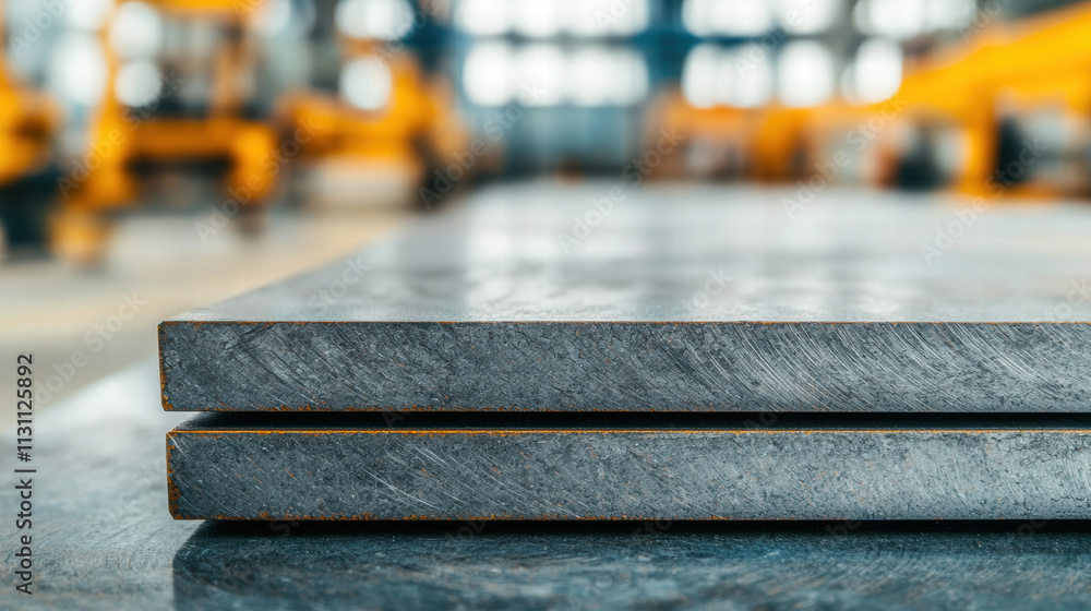 Poster material science metals strength. close-up of stacked metal sheets in a workshop with machinery in t