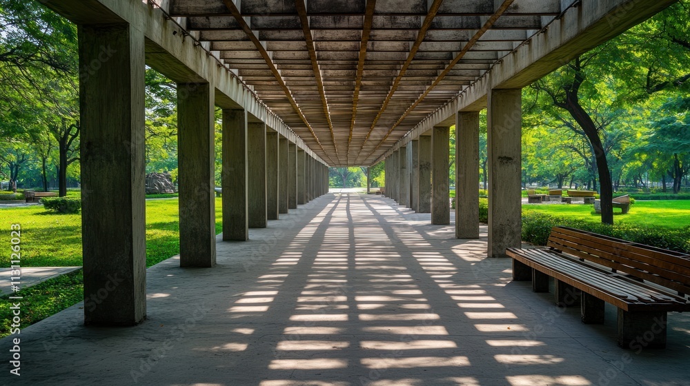 Aufkleber A serene walkway lined with columns, surrounded by lush greenery and a bench for resting.