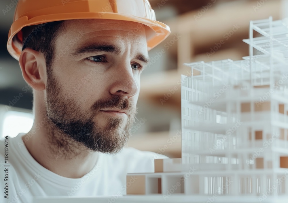 Aufkleber a focused man in a hard hat examines a scale model of a building.