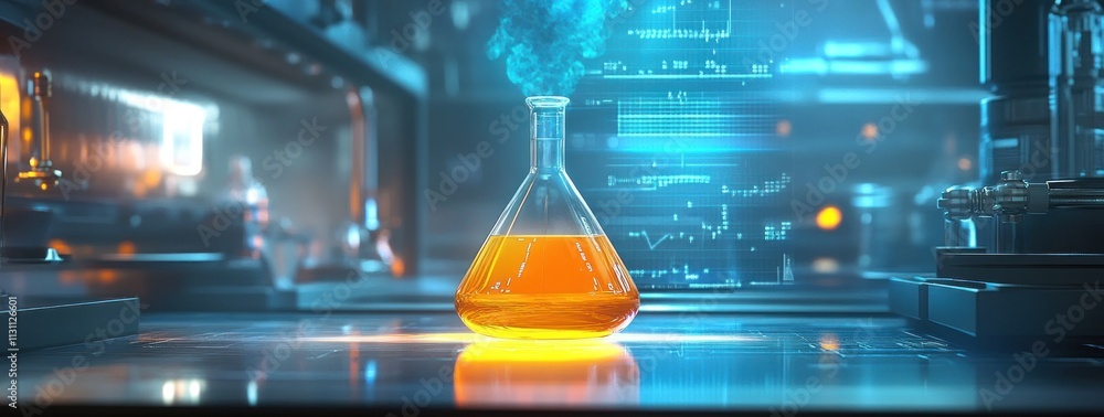 Poster a glowing flask in a high-tech lab, showcasing scientific experimentation.