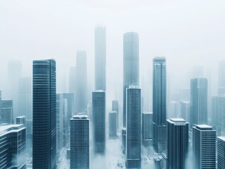 Obraz premium A misty urban skyline with towering skyscrapers, enveloped in fog, creates a serene and mysterious atmosphere.