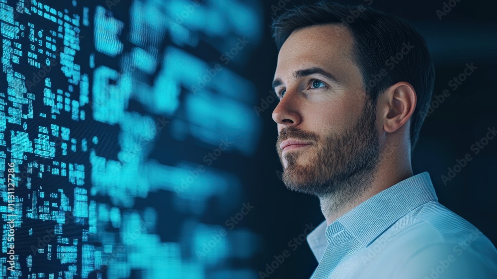 Poster startup growth customers development concept. a man analyzing digital data on a screen.