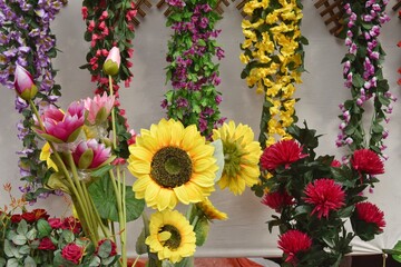 A closeup picture of various colorful flowers