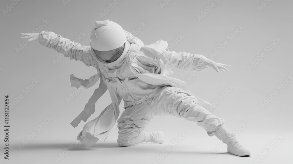 Poster a dynamic white astronaut figure in motion, showcasing a futuristic design.