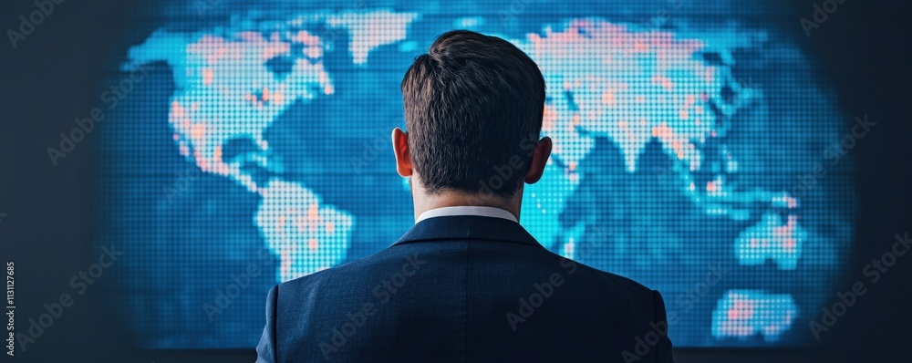 Poster startup growth customers development concept. businessman viewing a digital world map on a screen.