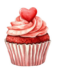 Red Velvet Cupcake Watercolor Illustration Perfect for Valentine’s Day Clipart Dessert Collection