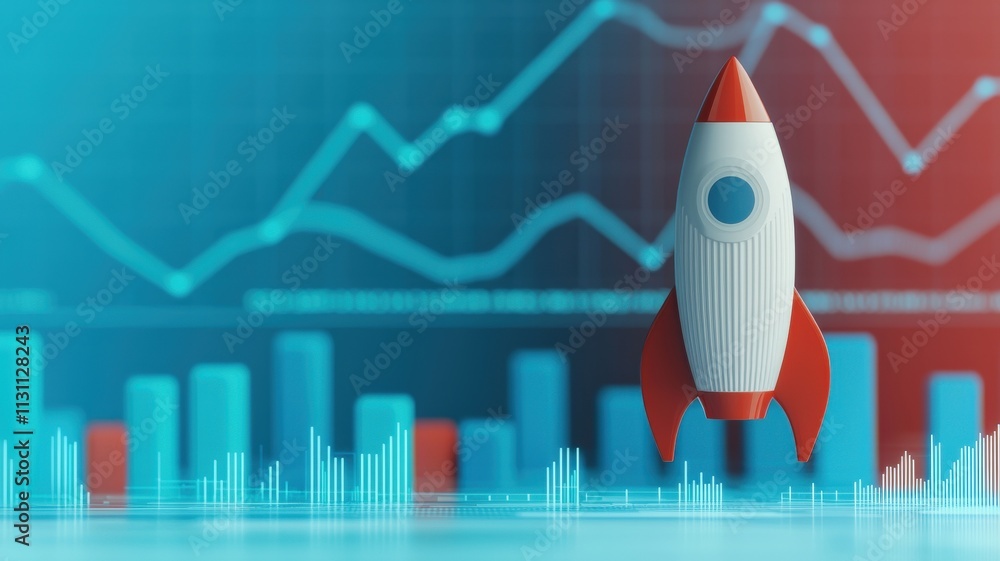 Poster startup growth customers development concept. rocket launching with financial graphs in the backgrou
