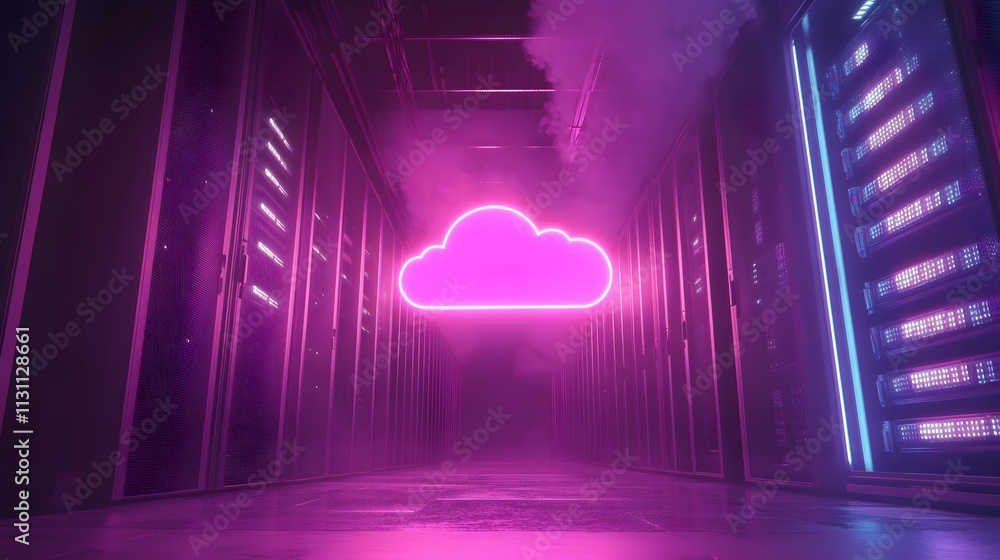 Aufkleber glowing cloud icon in a futuristic server room: digital data storage and network technology