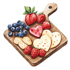 Romantic watercolor illustration of a charcuterie board filled with desserts perfect for Valentine's Day clipart.