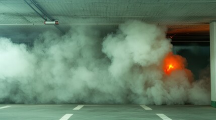A smoky scene in a parking garage with an orange glow, suggesting a fire or emergency situation.