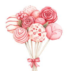 Watercolor illustration of a heart-shaped cake pop adorned with festive details, perfect for celebrating love. Valentine's watercolor clipart dessert.