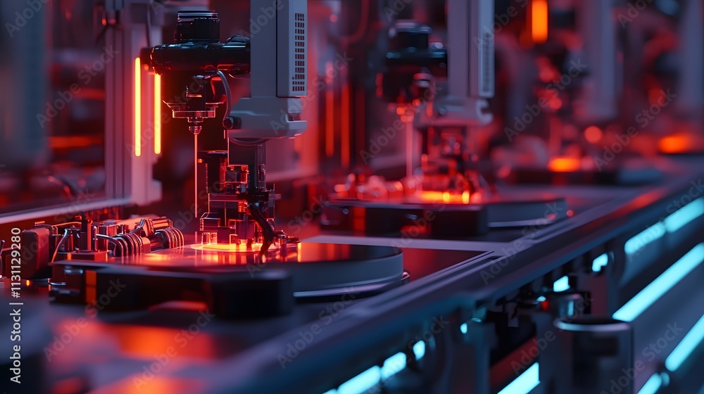 Poster high-tech robotic assembly line: futuristic manufacturing in action. precision engineering at its fi