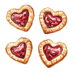 Watercolor illustration of a heart-shaped puff pastry perfect for Valentine's celebrations, representing love and sweetness in dessert art.