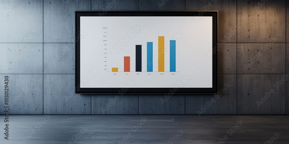 Poster startup growth customers development concept. graph displayed on a screen against a concrete wall ba
