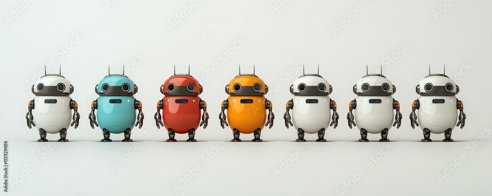 Poster cute futuristic robots display versatility and charm in a bright setting showcasing artificial intel
