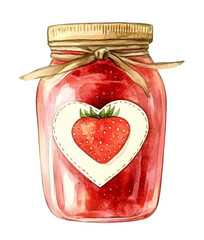 Watercolor illustration of a jar filled with vibrant strawberry jam perfect for Valentine's Day, blending the charm of clipart and the sweetness of dessert.