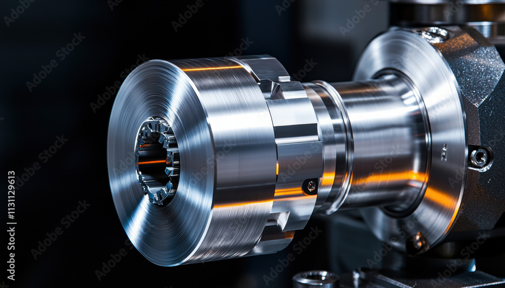 Poster material science metals strength. precision metal component on a lathe machine showcasing advanced m