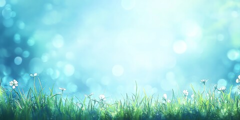 Obraz premium Realistic stock photo of a tropical meadow scene. In the foreground, grass flower and grass. The middle of the image features a meadow field, with a blurred background of the sun beam