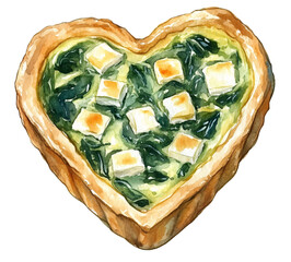 Watercolor illustration of a mini heart-shaped quiche perfect for Valentine's Day, featuring delightful and romantic dessert clipart for festive celebrations.