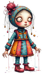 A girl with a blue hat and a red flower on it. Illustrations for posters, cards, t-shirts, books, stickers, birthday invitations, and wall art.
