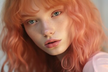 Naklejka premium Close-up portrait of a beautiful young woman with pink hair, freckles, and blue eyes