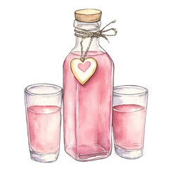 Watercolor illustration of a refreshing bottle of pink lemonade perfect for romantic occasions, complementing Valentine's watercolor clipart dessert themes.