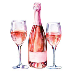Watercolor illustration of a sparkling rosé bottle perfect for a romantic setting, ideal for Valentine's themed desserts and festivities.