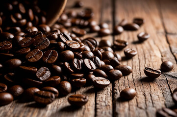 close-up of coffee beans on a wooden table, Ai Generative