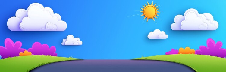 Fototapeta premium Cloudscape with bright sunlight on blue background, sunrise flares in air, modern cartoon illustration of summer morning in a cloudy sky with clouds and sun.