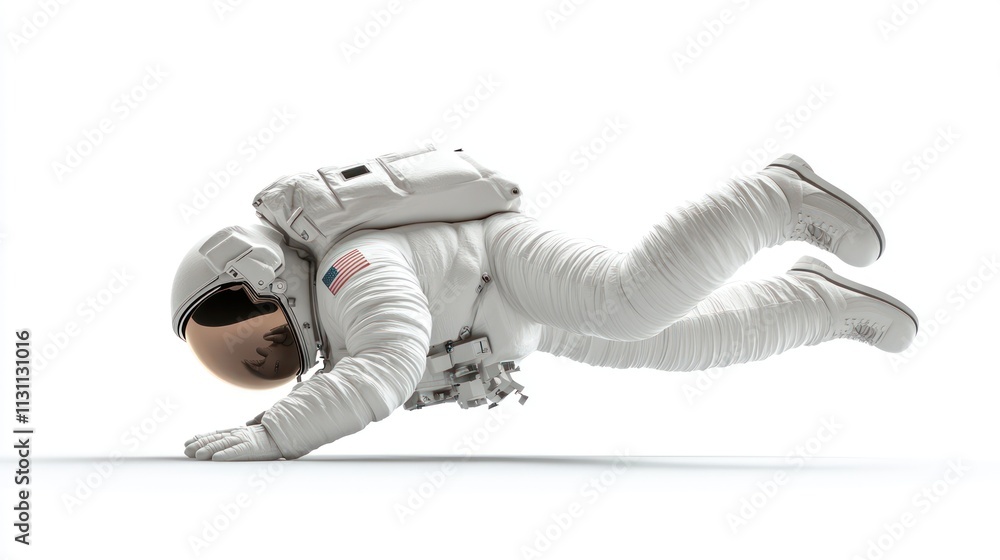 Aufkleber an astronaut performing a push-up in a minimalist, white environment.