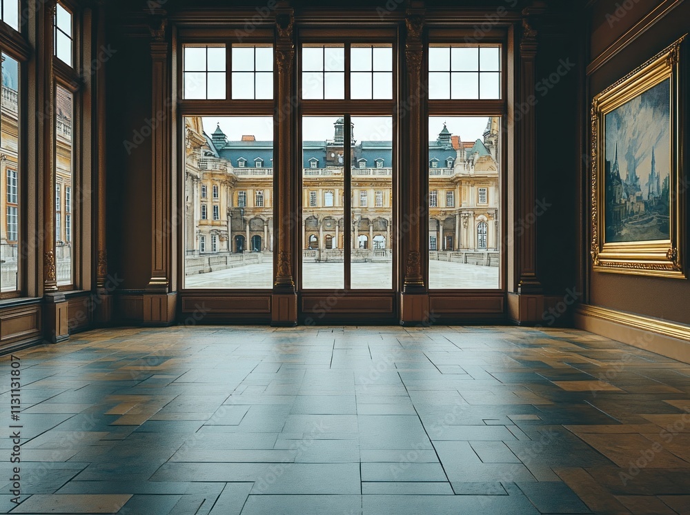 Poster A grand interior view showcasing elegant architecture and a courtyard through large windows.