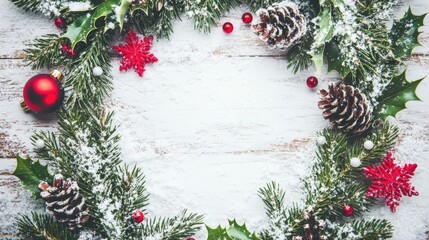 Festive Christmas Background with Snow, Holly, and Pine Branches on White Wooden Tabletop, Christmas Card Frame with Copy Space for Text, Flat Lay Top View, High Quality Stock Photo
