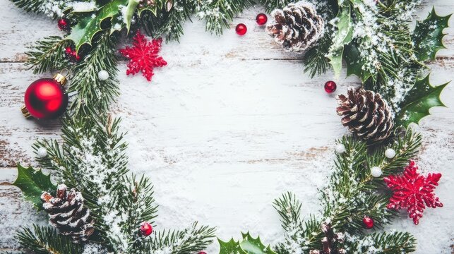 Festive Christmas Background with Snow, Holly, and Pine Branches on White Wooden Tabletop, Christmas Card Frame with Copy Space for Text, Flat Lay Top View, High Quality Stock Photo
