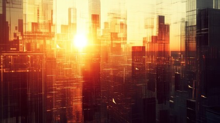 A cityscape at dawn, fragmented into overlapping planes and sharp angles, with the rising sun casting fragmented light across the buildings.