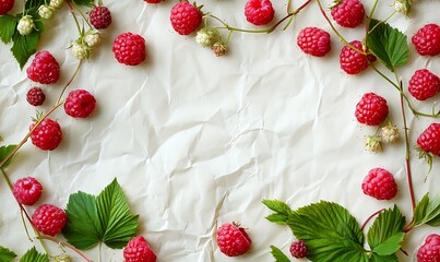 Fresh Raspberries Arranged On Crumpled Paper Background