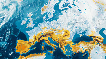 Detailed weather forecast map of Europe showing isobars, pressure systems, wind directions, and temperature zones. Ideal for meteorological analysis, climate predictions, or educational.