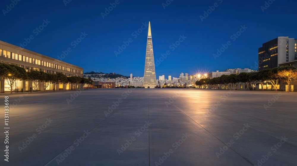 Poster night view of a plaza featuring a tall obelisk-like structure and surrounding buildings.