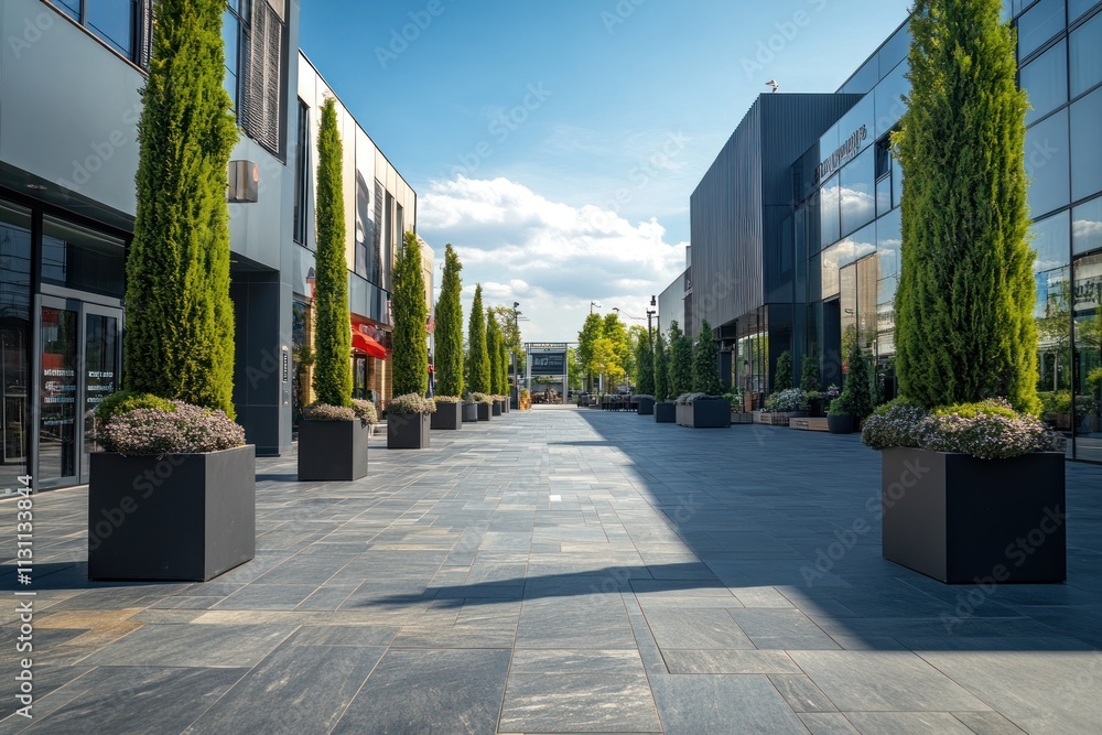 Poster modern plaza with tall trees and planters under a bright sky.