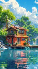 Obraz premium Enchanting Floating Wooden Cabin on Serene River Surrounded by Lush Greenery and Cloudscape Idyllic rural landscape with traditional architecture and tranquil water reflection