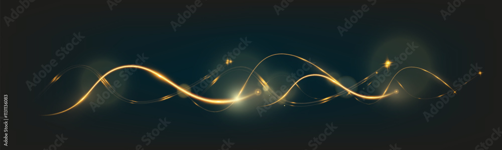 Poster golden glowing wave lines on dark background with sparkling light effects, elegant abstract design f