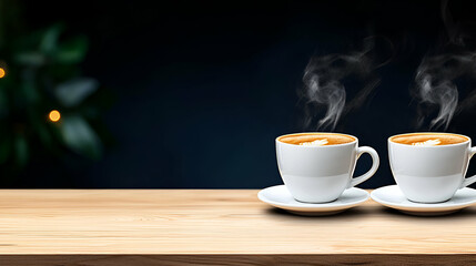 Obraz premium Two steaming coffee cups sit on a wooden table, surrounded by a cozy ambiance, perfect for enjoying a warm drink.
