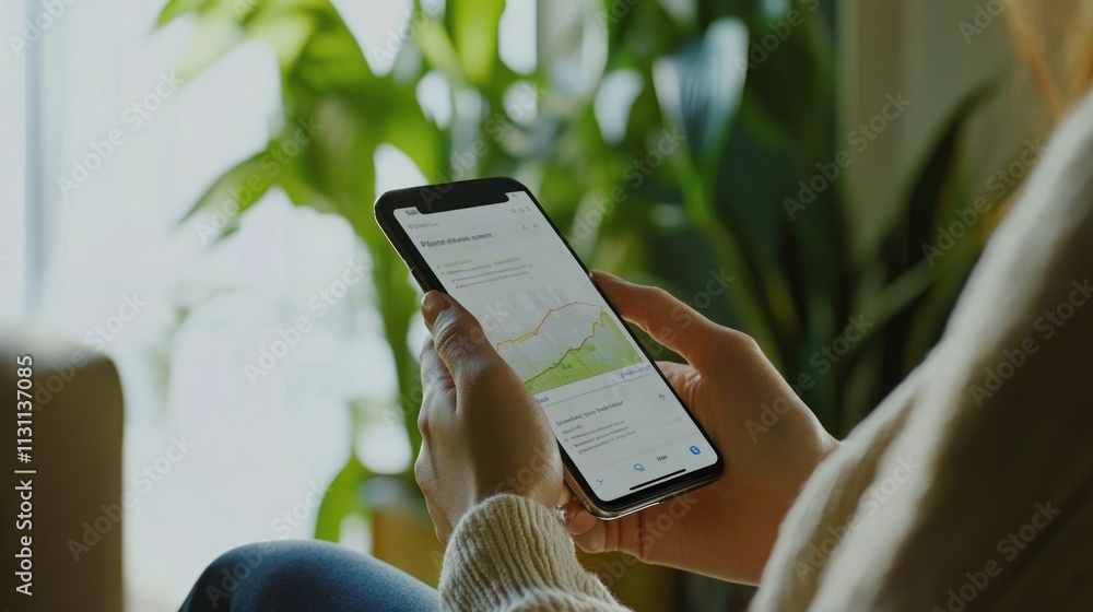 Poster a person using a smartphone to view a graph, surrounded by plants in a cozy setting.