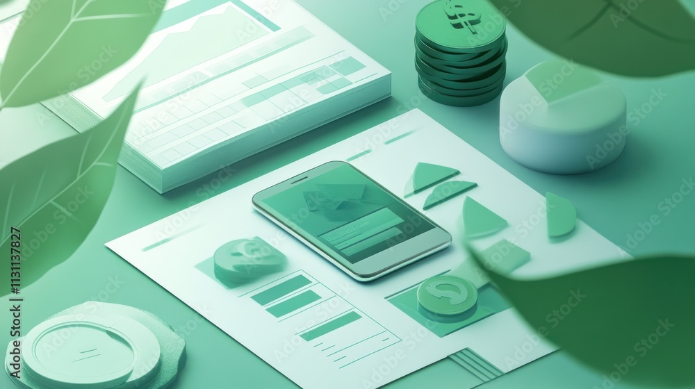 Aufkleber A modern workspace with digital tools and geometric shapes in green tones.