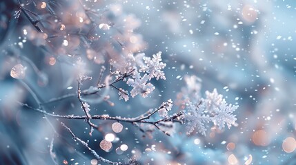 Enchanting Winter Snowfall: Frosted Trees, Snowflakes, and Sparkling Holiday Bokeh