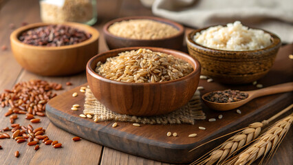 Assorted rice varieties in wooden bowls on rustic wooden table.