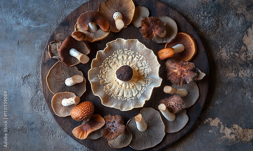 Poster assorted mushrooms arranged in a circular pattern on wood