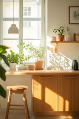 Fototapeta premium A bright and inviting kitchen interior featuring wooden countertop, potted plants, and natural light streaming through window, creating beautiful shadows