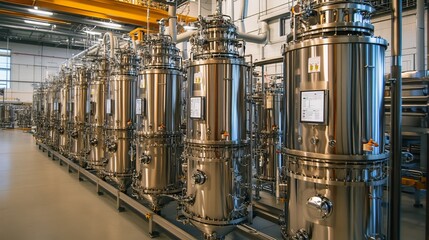 stainless steel bioreactors in an industrial setting, representing advanced biotechnology and industrial fermentation processes