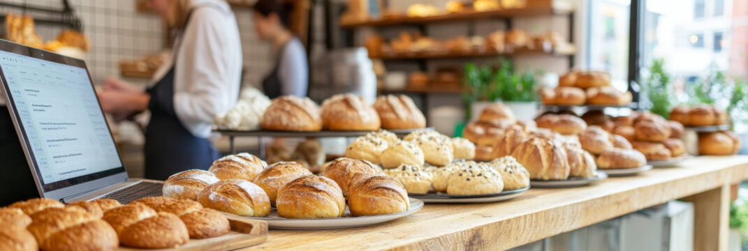Freshly baked bread and pastries are beautifully displayed in cozy bakery setting, inviting customers to indulge in delicious treats. warm atmosphere enhances experience of enjoying baked goods - Powered by Adobe