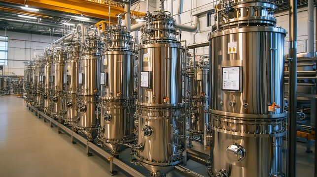 stainless steel bioreactors in an industrial setting, representing advanced biotechnology and industrial fermentation processes